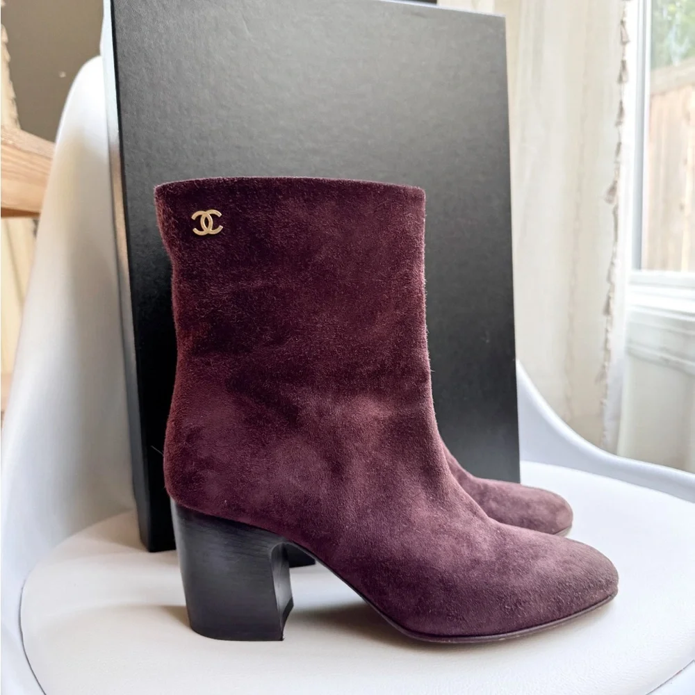 Chanel Burgundy Suede Ankle Boots with Gold CC